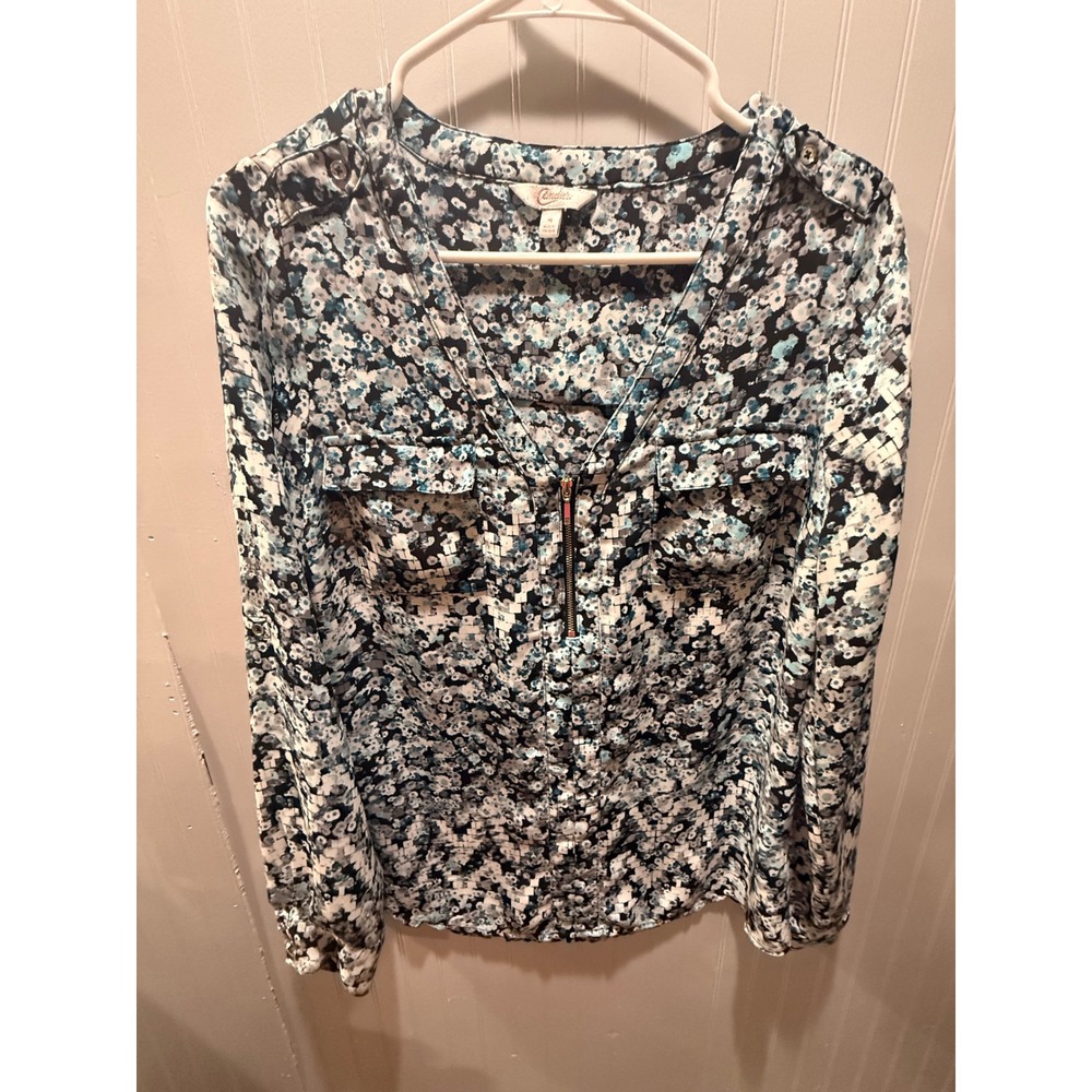 Candies Womens Blue Floral Pixel Zip Front‎ V-Neck Blouse Medium Long Sleeve Top